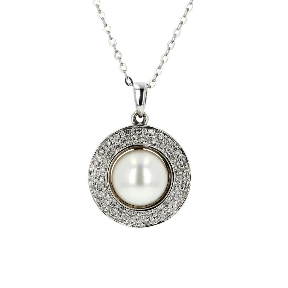 14K White Gold Diamond Pearl Pendant