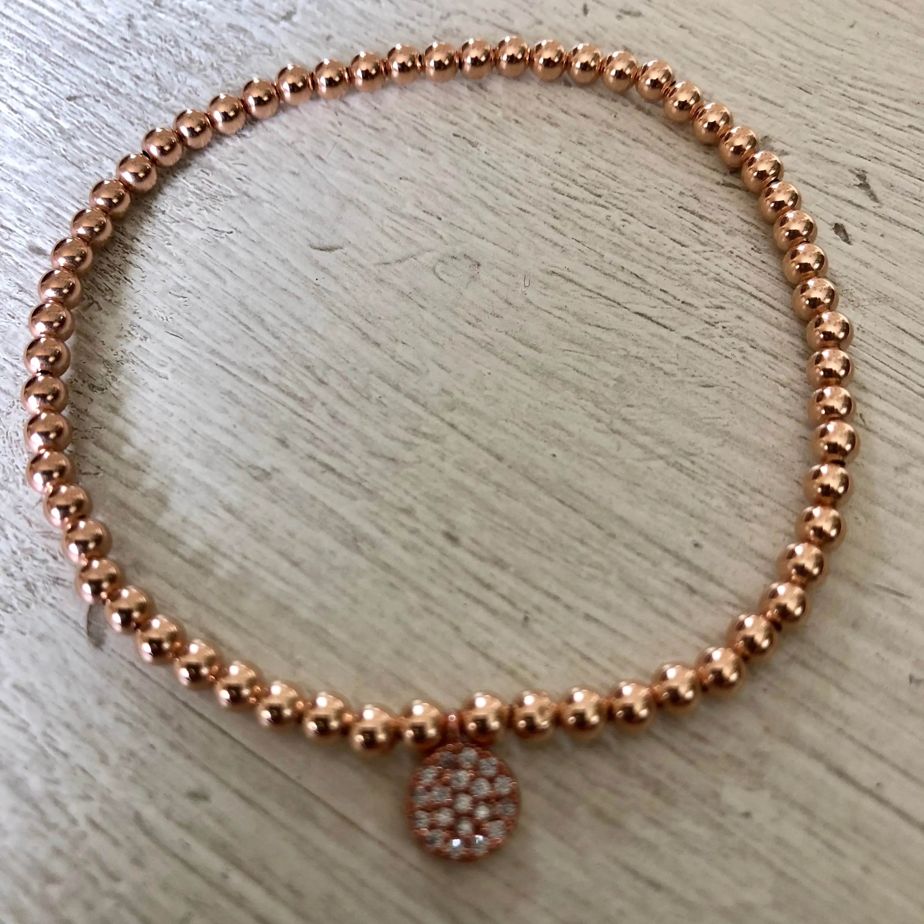3mm Bead Stretch Bracelet with Matching Cubic Zirconia Round Disc Charm
