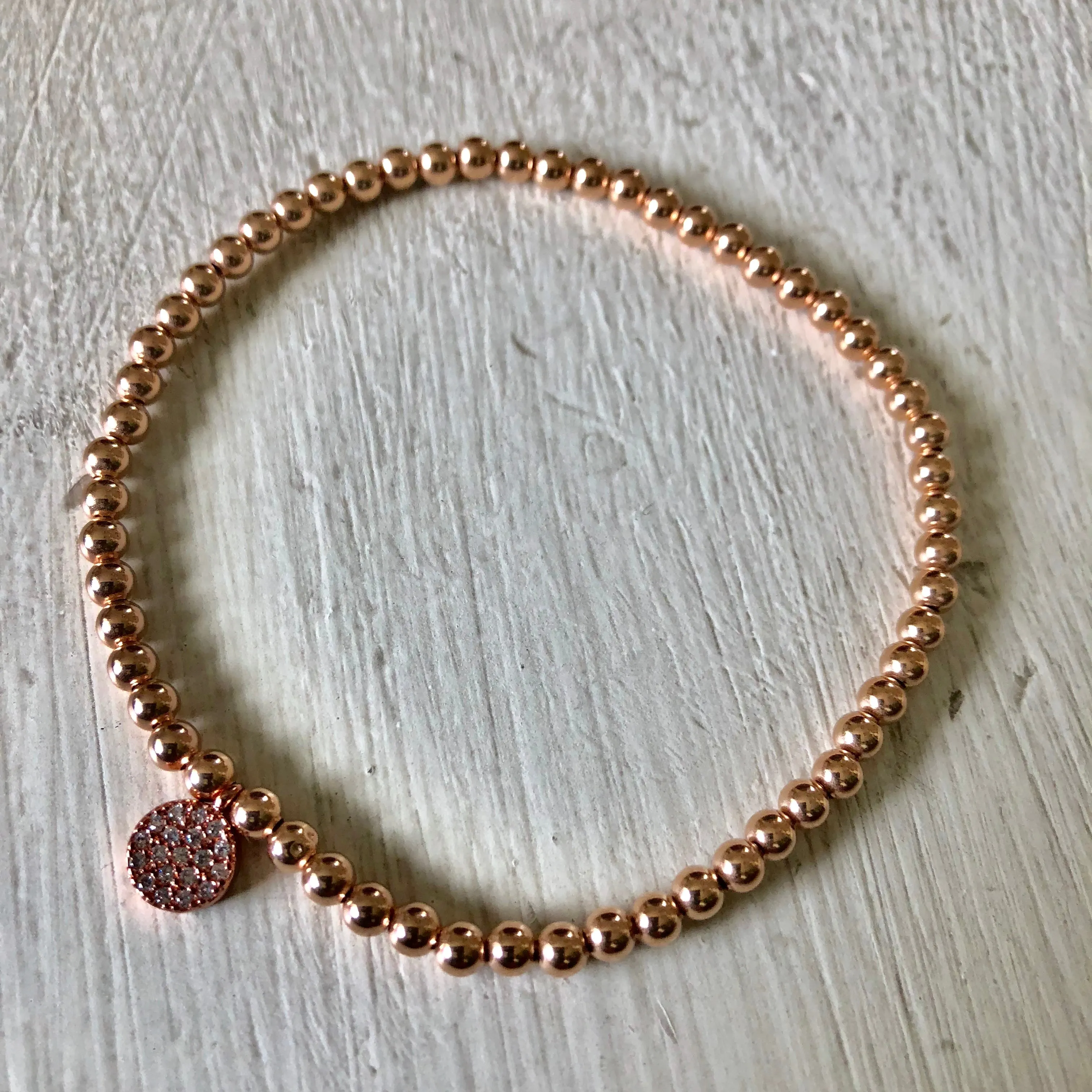 3mm Bead Stretch Bracelet with Matching Cubic Zirconia Round Disc Charm
