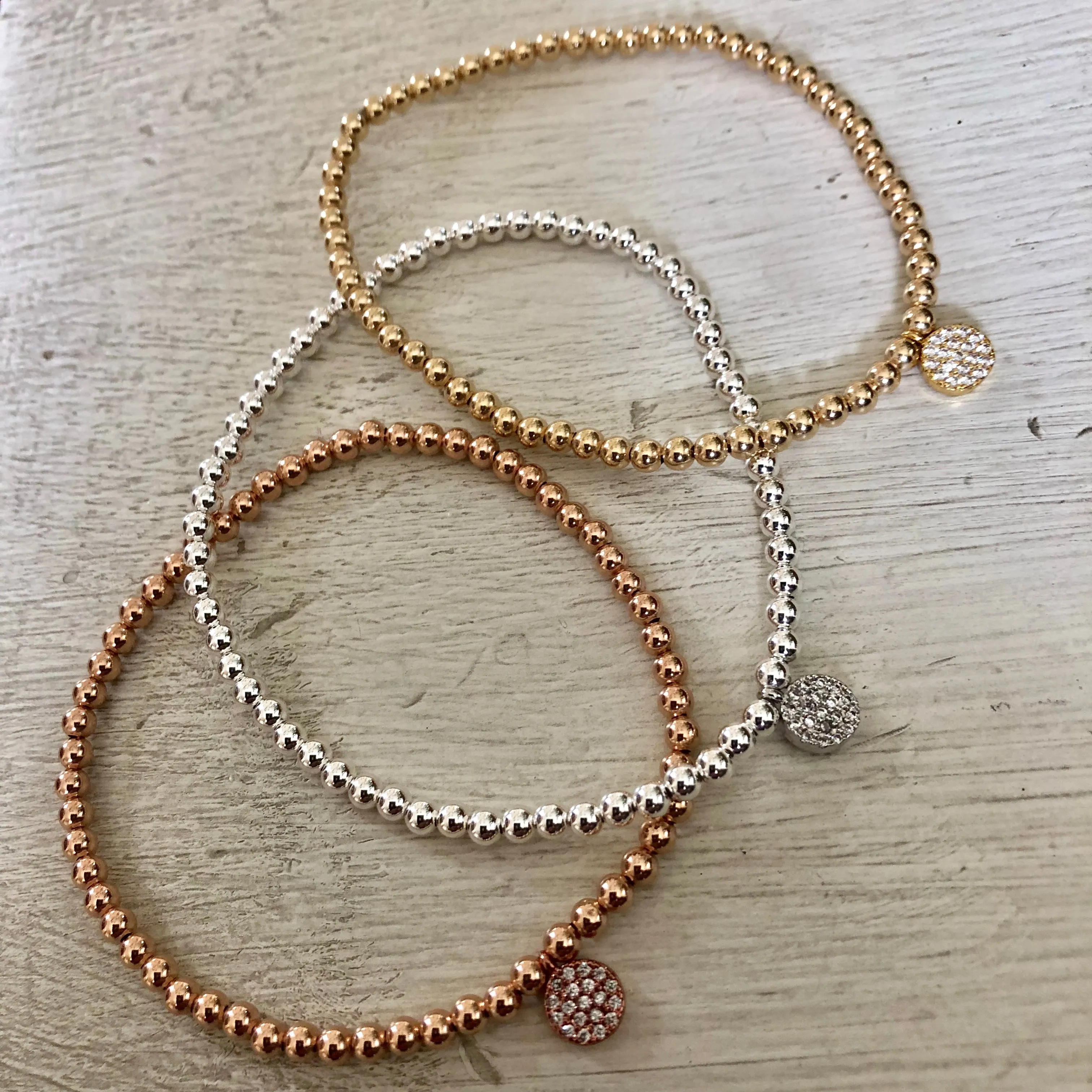 3mm Bead Stretch Bracelet with Matching Cubic Zirconia Round Disc Charm