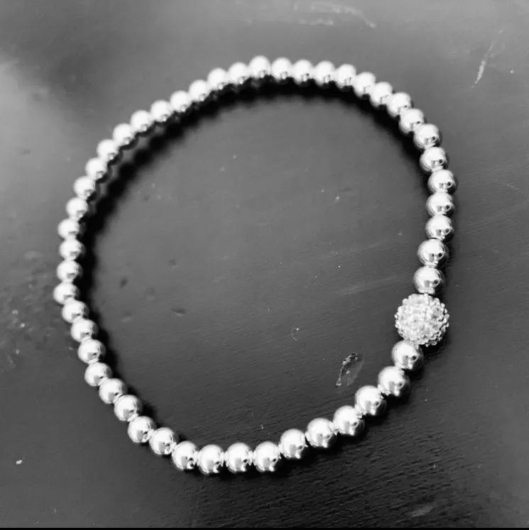 4mm Beaded Bracelet Adorned with a 6mm SS/CZ Pave' Bead