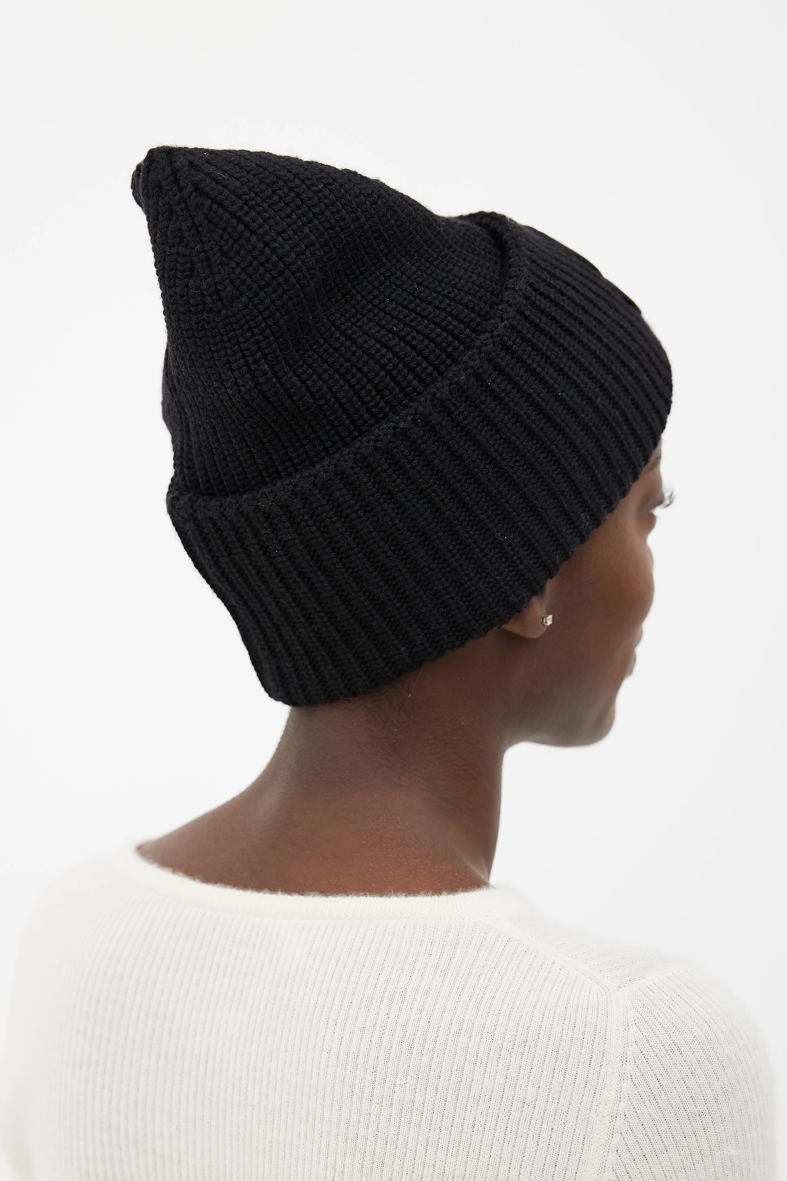 Black Berretto Tricot Wool Ribbed Beanie