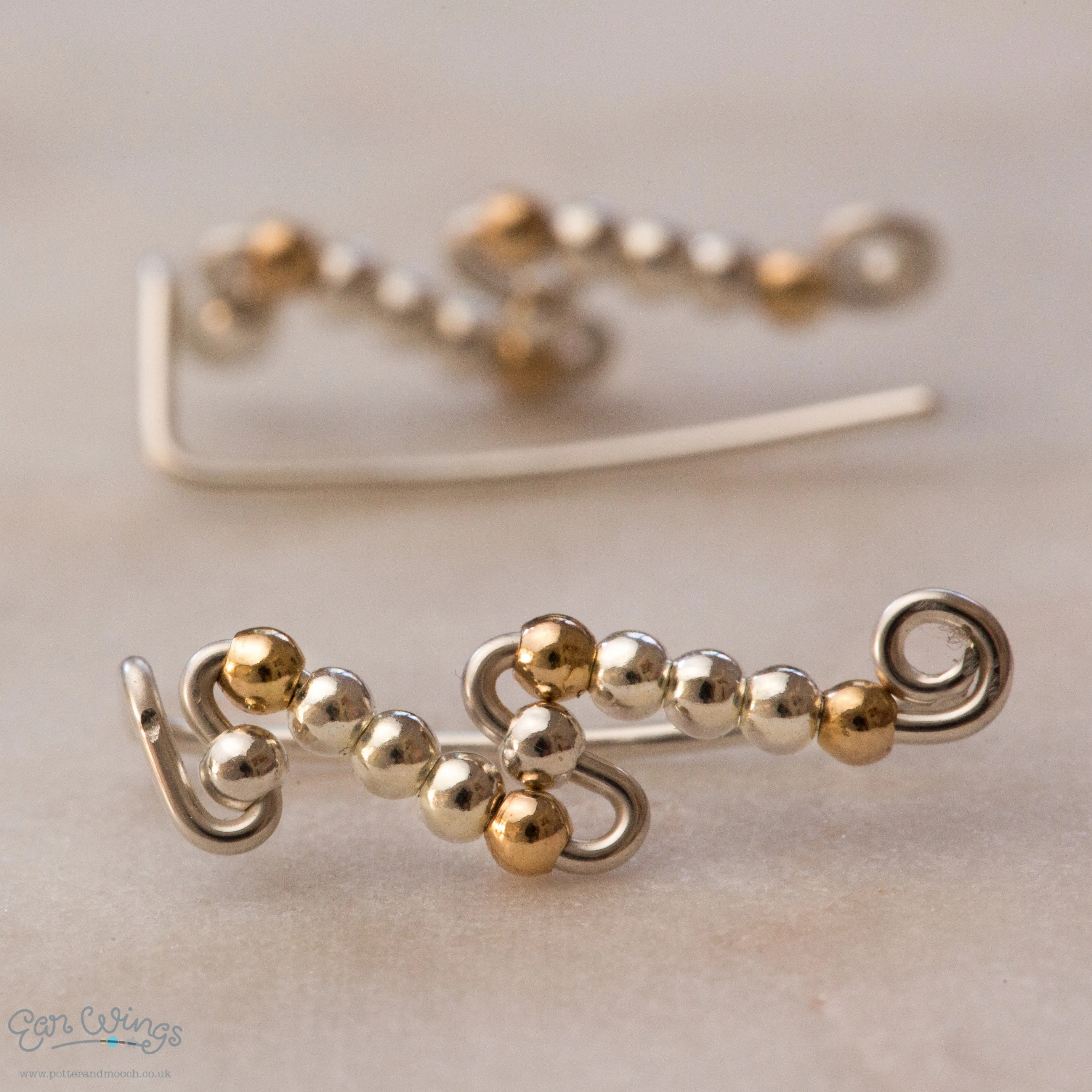Ear Wings Sterling Silver and 14ct Yellow Gold Beads