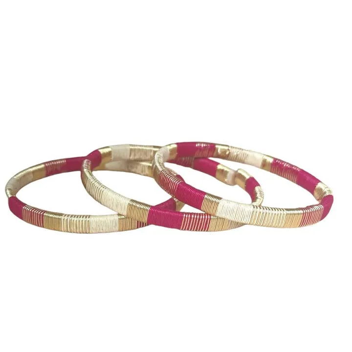 Handwovern Raffia & Gold Thin Bracelet Fuchsia/Cream/Gold