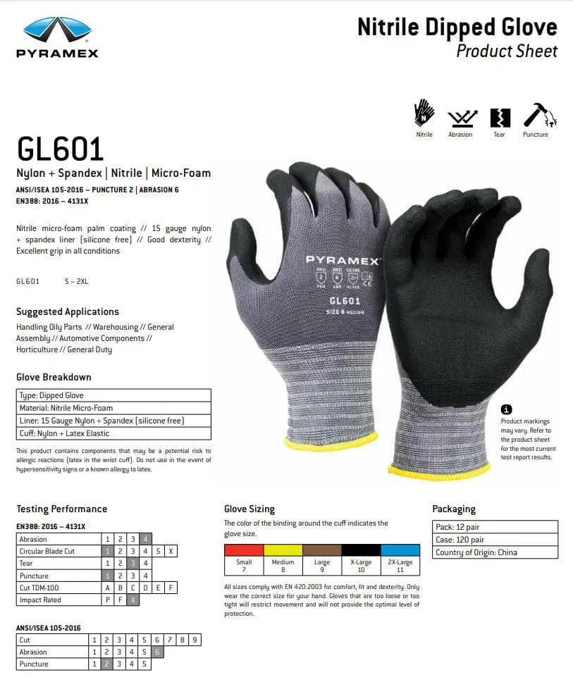 Pyramex GL601 Series Micro-Foam Nitrile Gloves