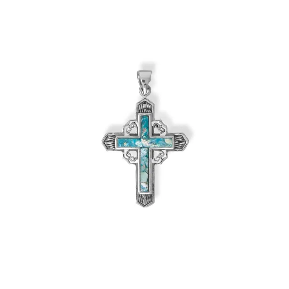 Women's Deco Roman Sterling Silver Glass Cross Pendant